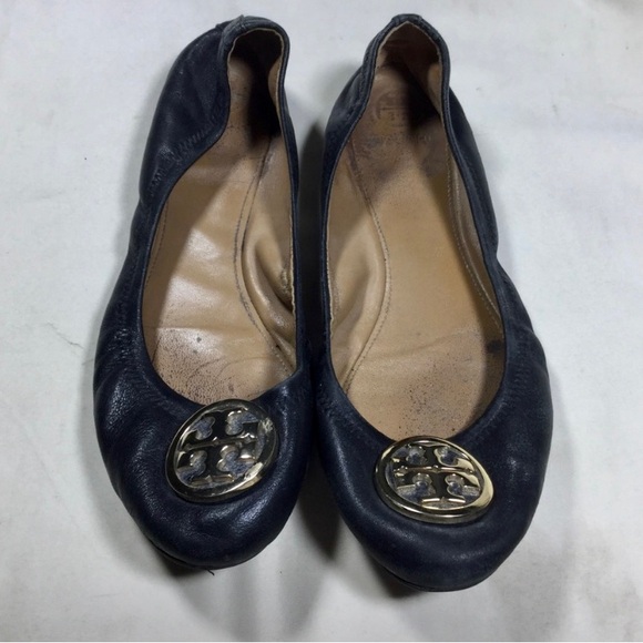 Tory Burch Benton Black Leather Ballet Flats with Gold Logo Women’s 10 - Picture 1 of 8